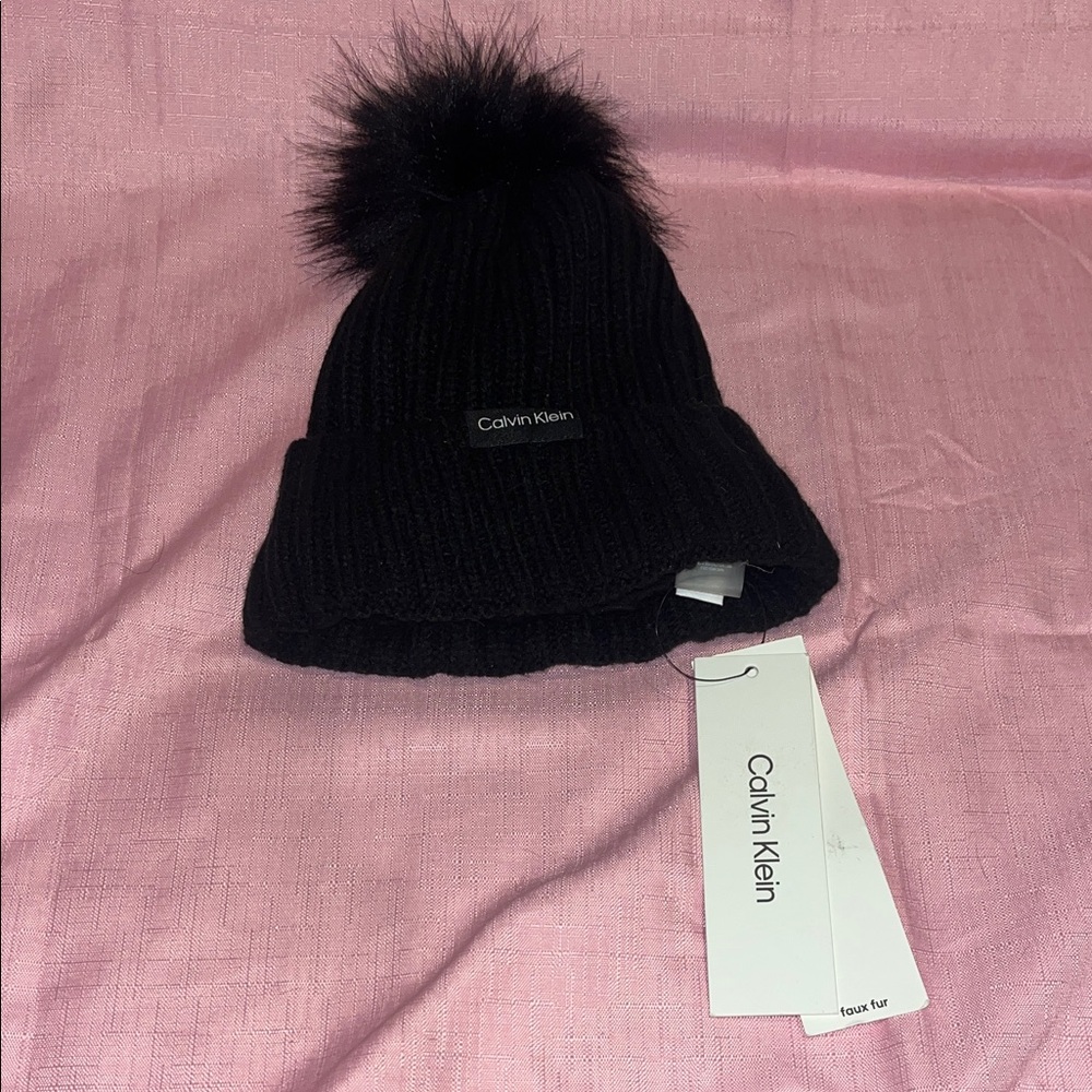 Calvin Klein Black Knit Beanie with Fluffy Pom
